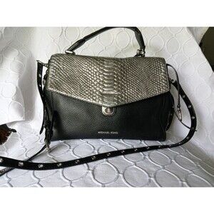 MICHAEL KORS BLACK LEATHER & SILVER REPTILE FLAP SATCHEL /  CROSS--BODY BAG